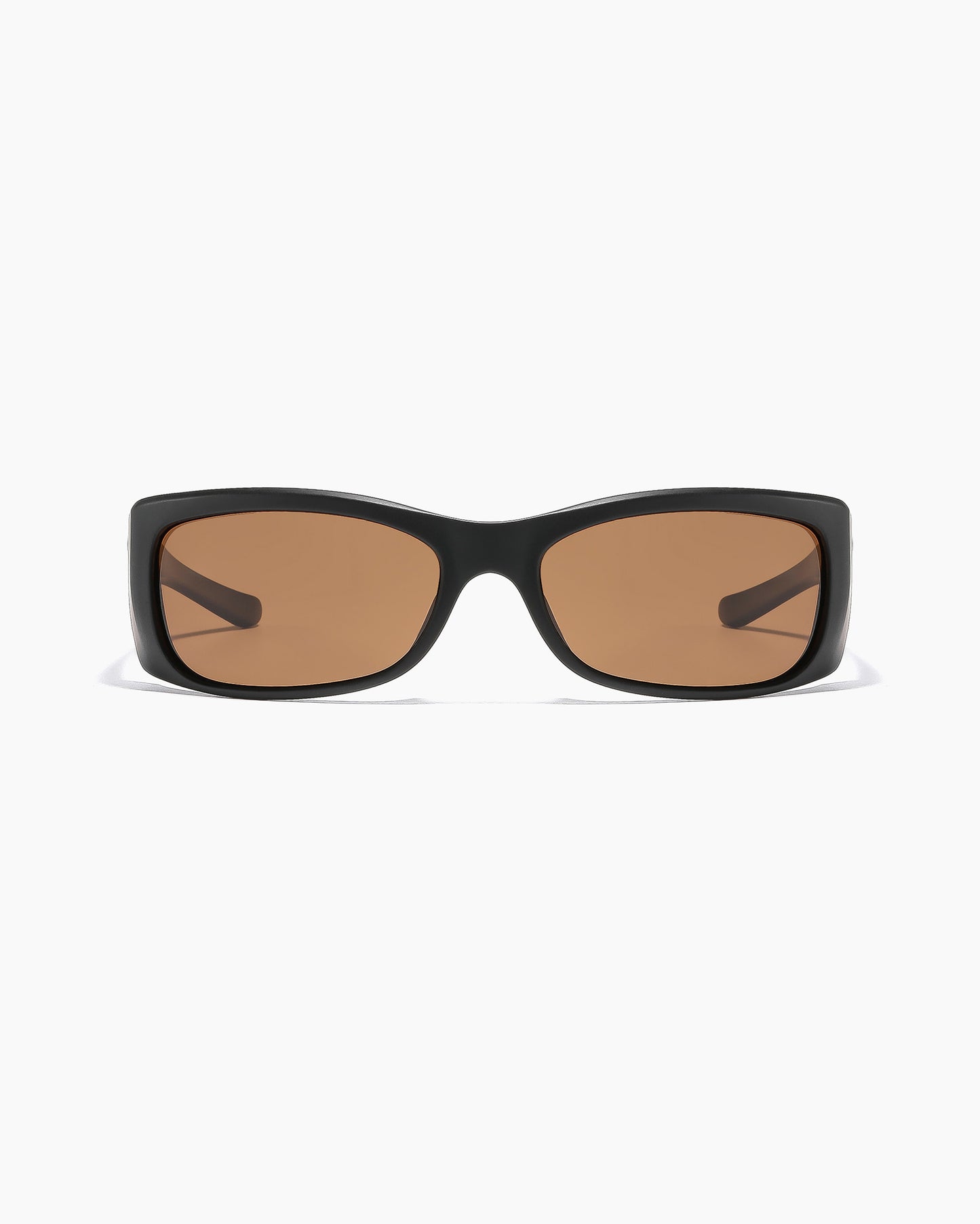 SABOTAGE sunglasses with matte black frame and bronze polarized lenses shown in a close up front view