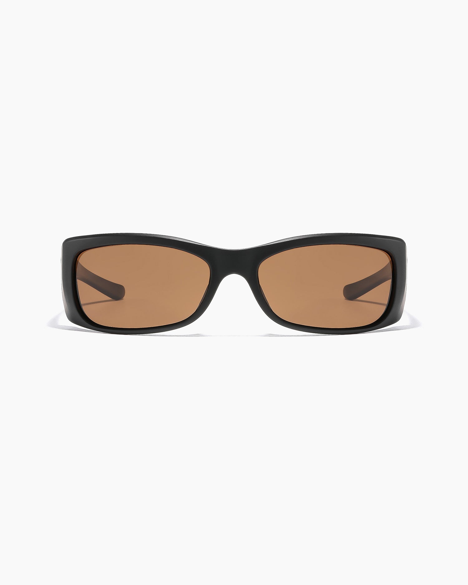 SABOTAGE sunglasses with matte black frame and bronze polarized lenses shown in a close up front view