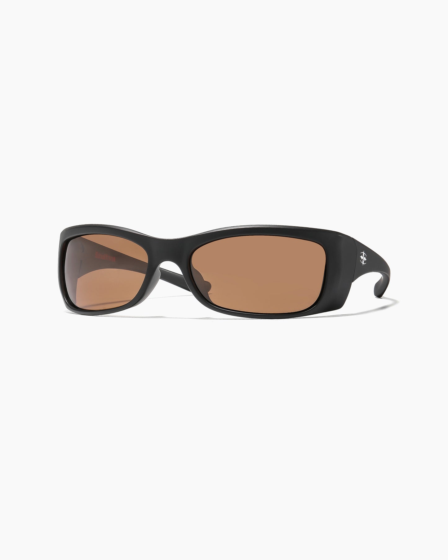 SABOTAGE matte black frame sunglasses with bronze polarized lenses front view and logo on the temple