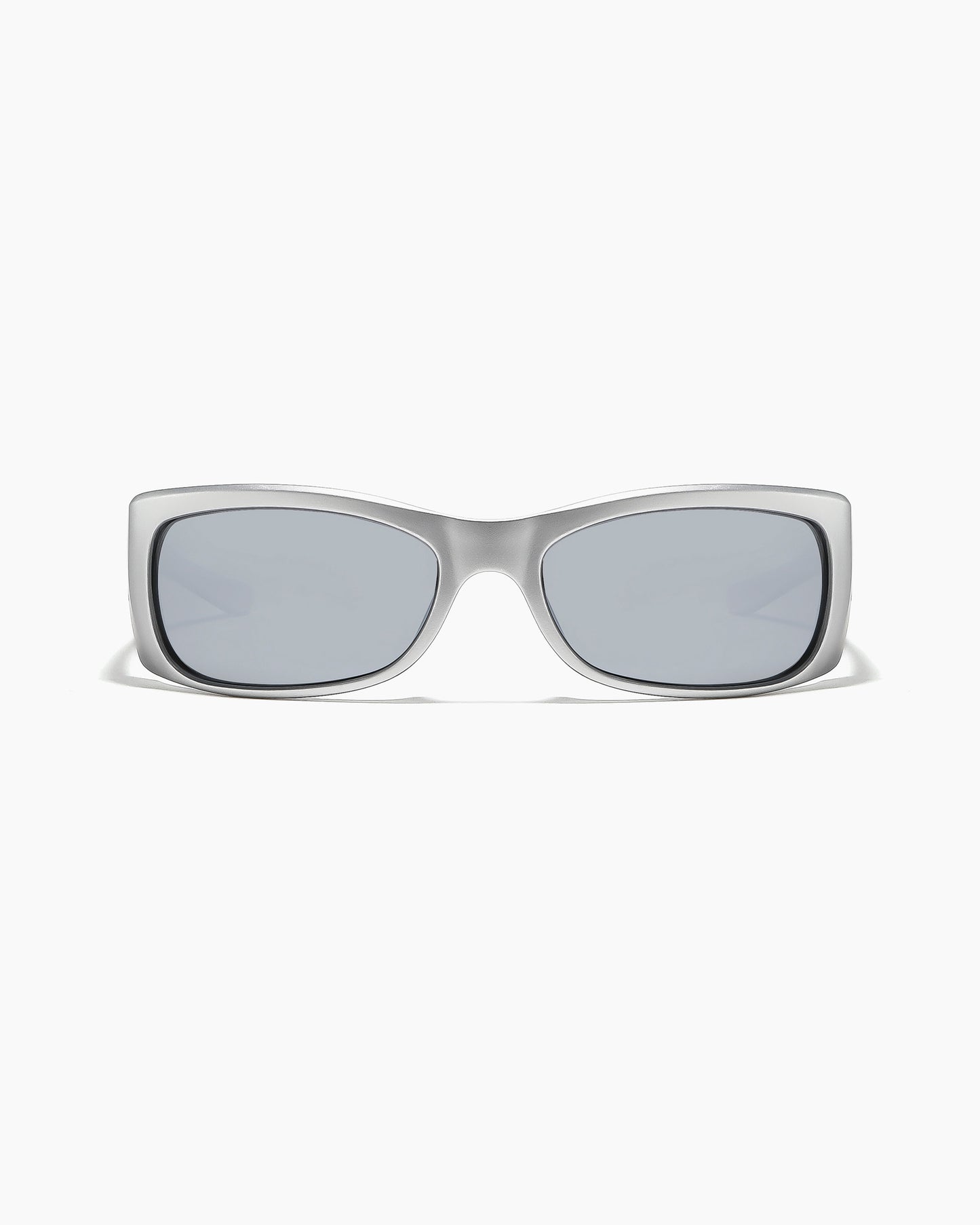 Front view of Sabotage sunglasses in matte chrome with silver reflective polarized lenses