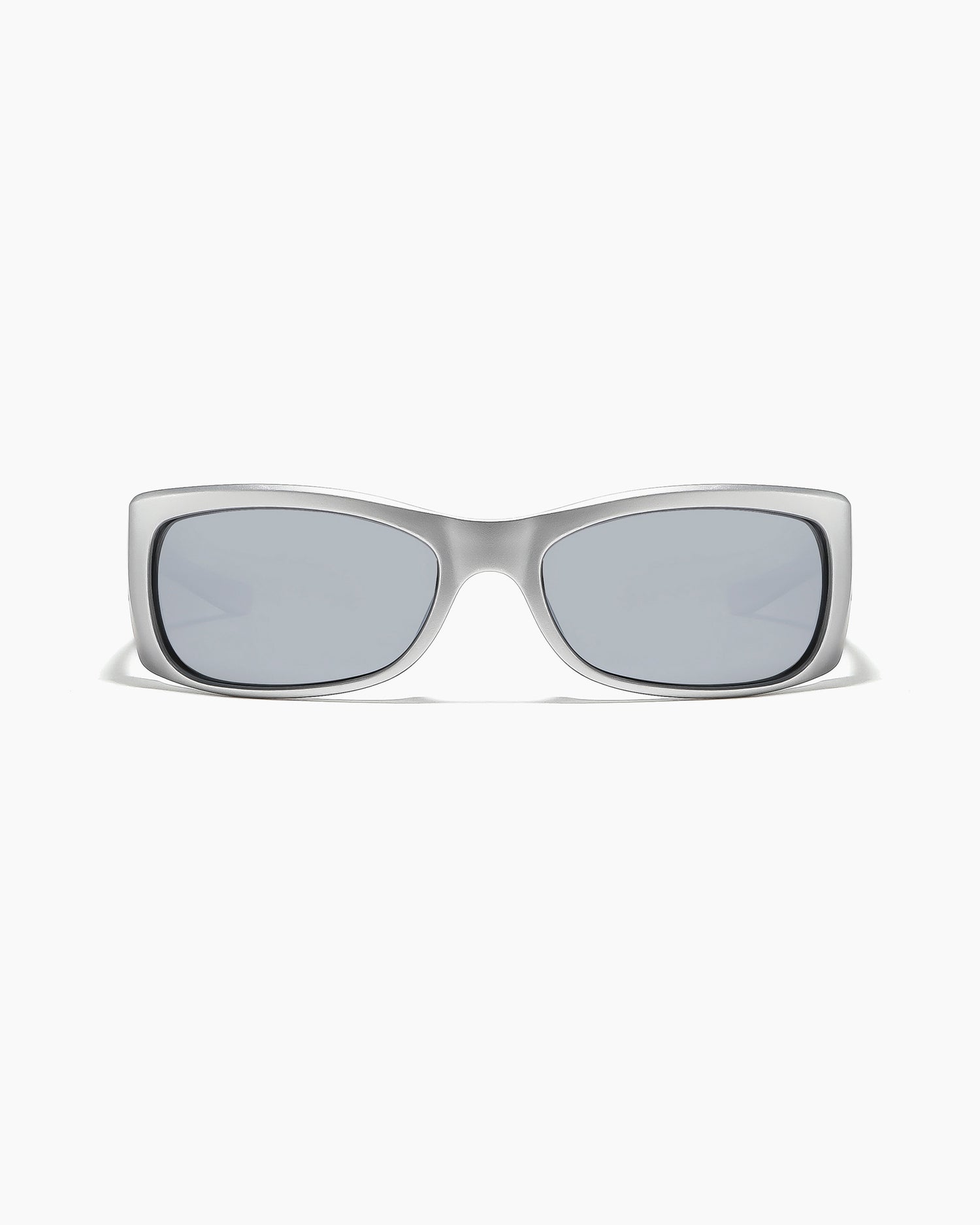 Front view of Sabotage sunglasses in matte chrome with silver reflective polarized lenses