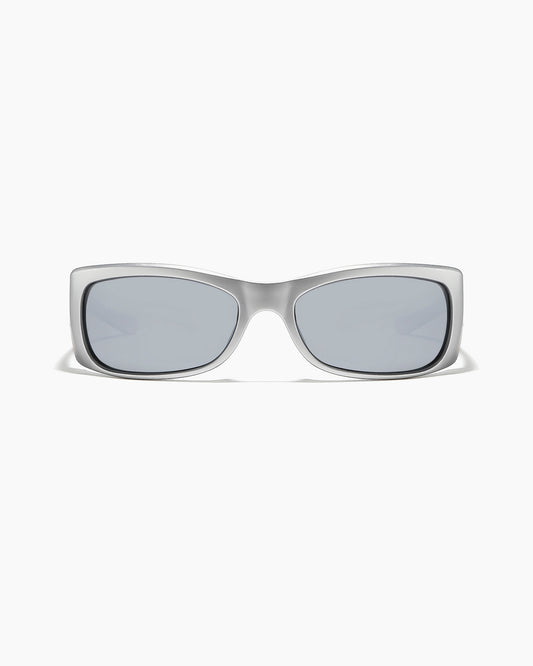 Front view of Sabotage sunglasses in matte chrome with silver reflective polarized lenses