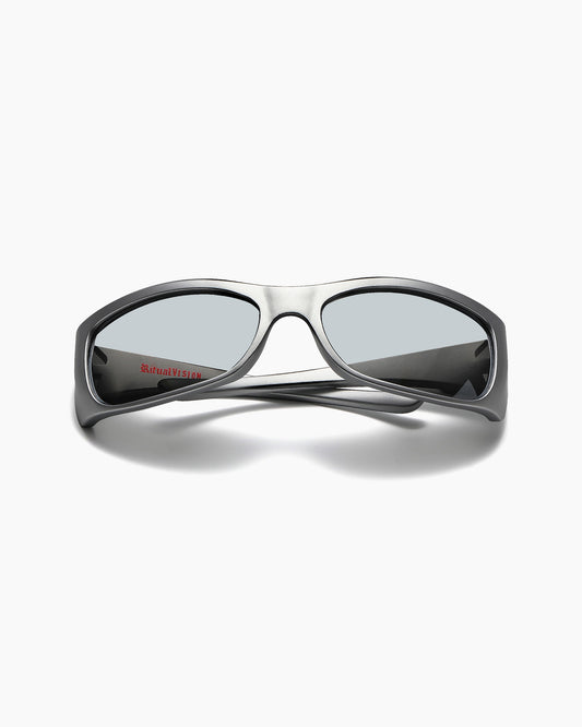 SABOTAGE sunglasses with a dark matte chrome frame and gray polarized lenses