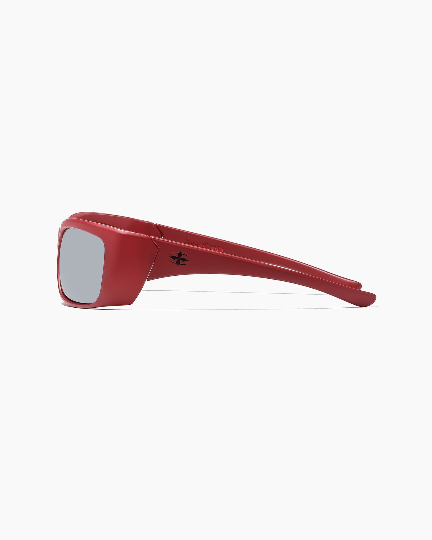 SABOTAGE matte dark red sunglasses shown from a low angle with dark lenses