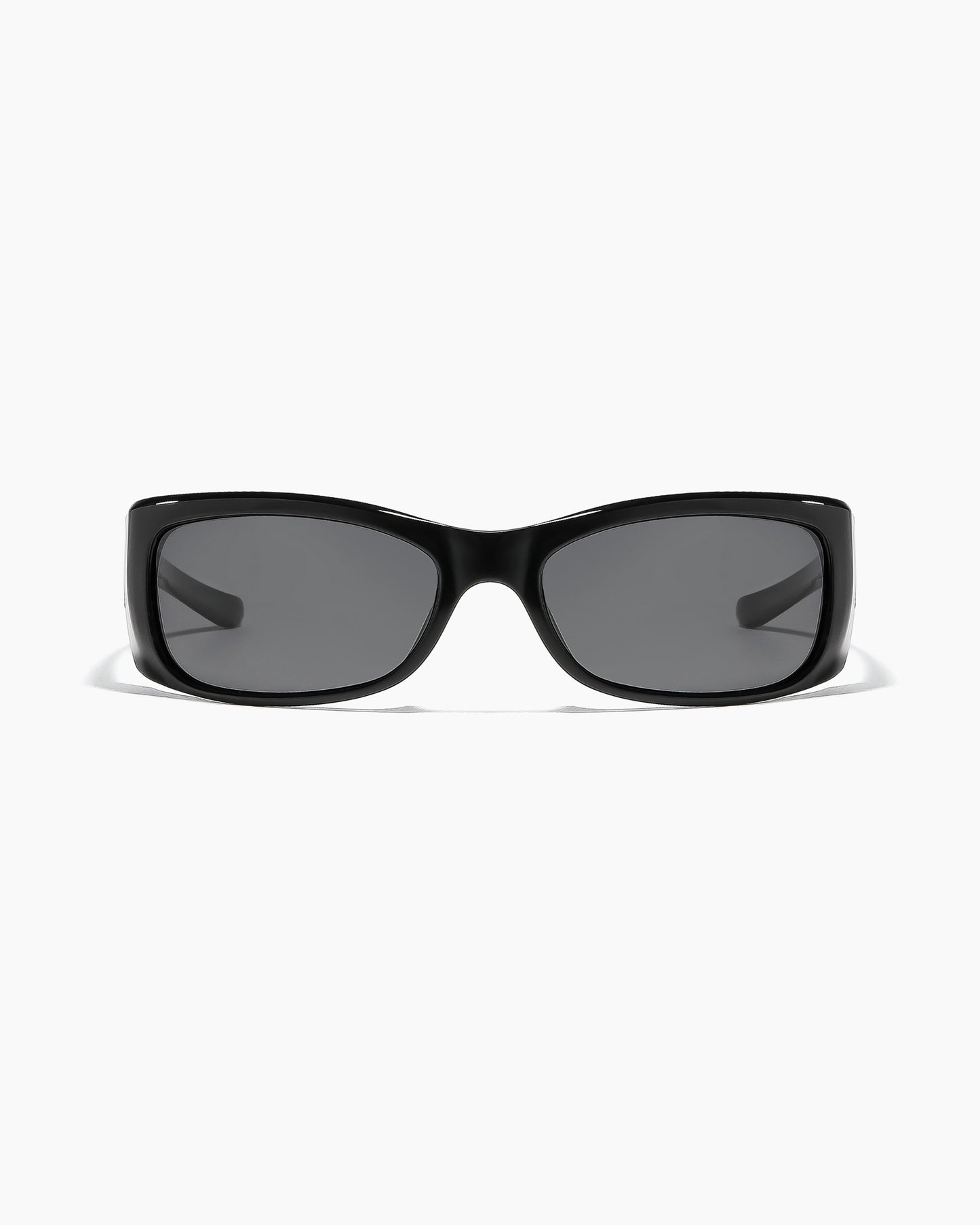 SABOTAGE polished black frame sunglasses with dark lenses from front