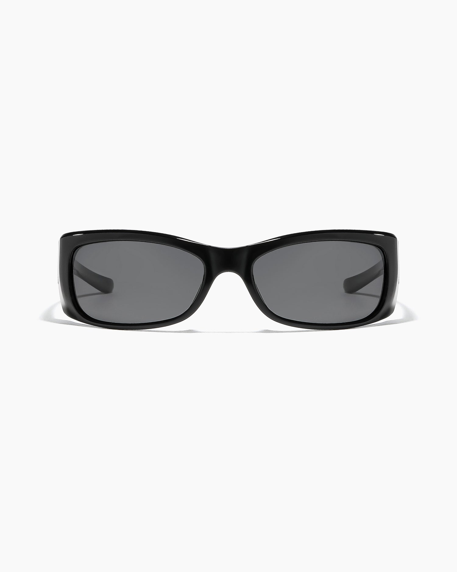 SABOTAGE polished black frame sunglasses with dark lenses from front