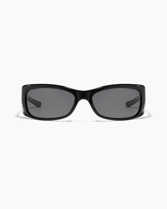 SABOTAGE polished black frame sunglasses with dark lenses from front