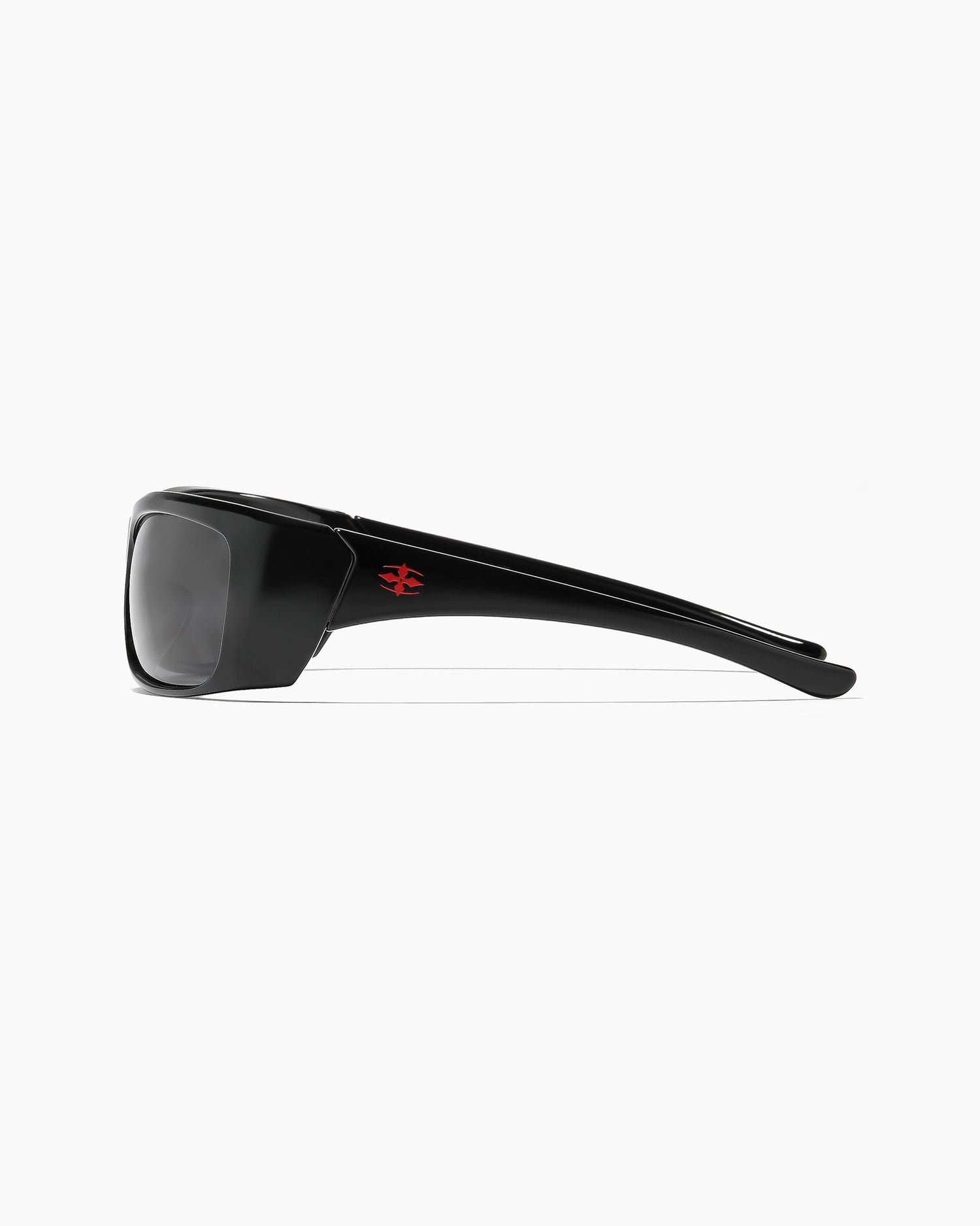 Temple detail of Sabotage Polished Black polarized sunglasses with red logo