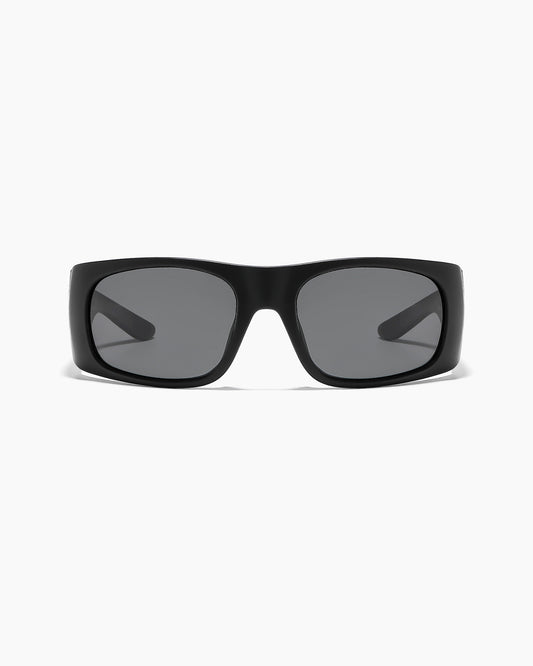 Transmitter sunglasses by Noa Deane in matte black with polarized lenses, front view