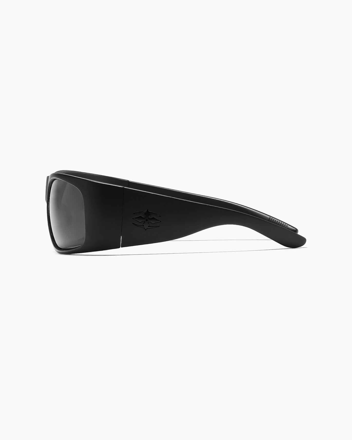 Matte black Transmitter sunglasses with black polarized lenses and logo on the temple.