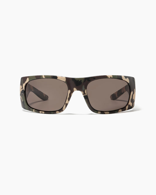 Transmitter by Noa Deane matte camo frame with dark green polarized lenses front view