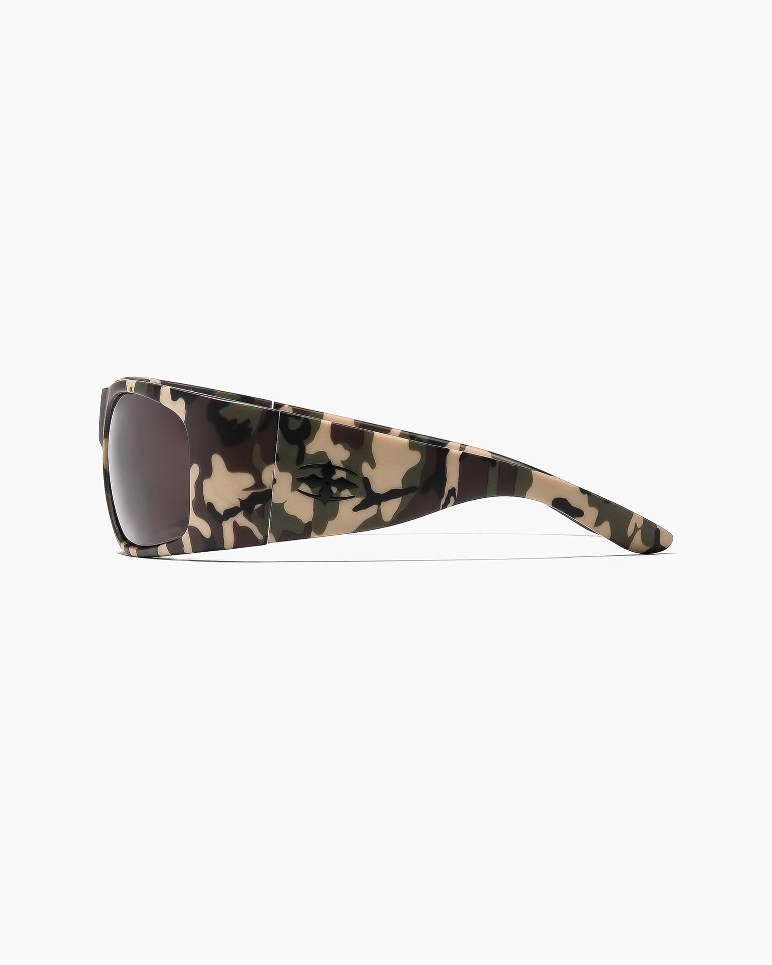 Transmitter sunglasses by Noa Deane in matte camo frame with dark green polarized lenses side profile