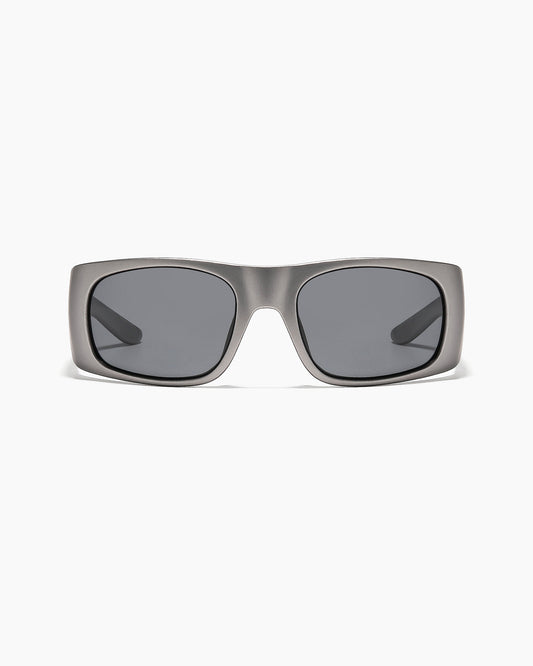 Matte gunmetal Transmitter sunglasses with dark grey polarized lenses, front view.