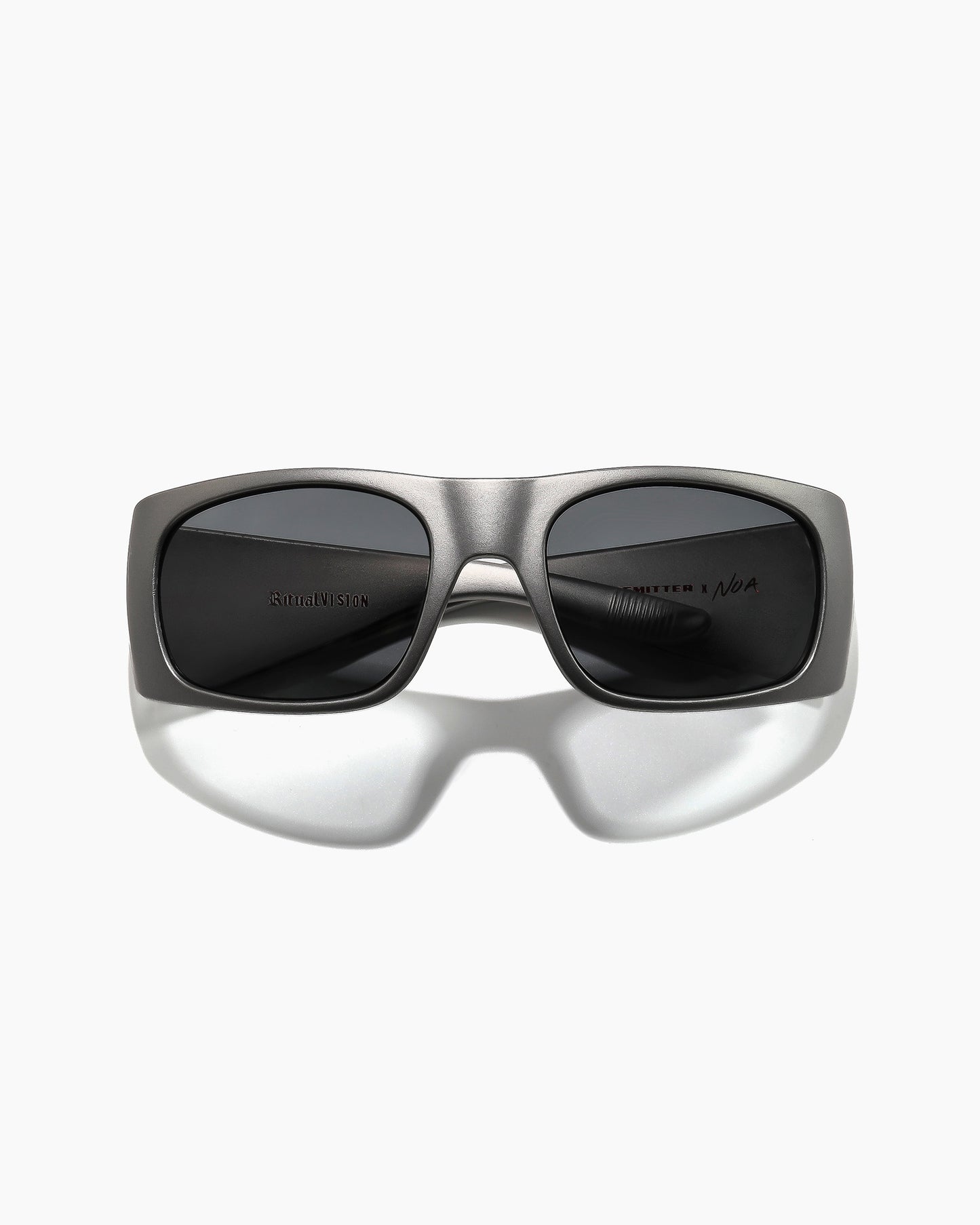 Front view of Transmitter sunglasses by Noa Deane in matte gunmetal with dark grey polarized lenses