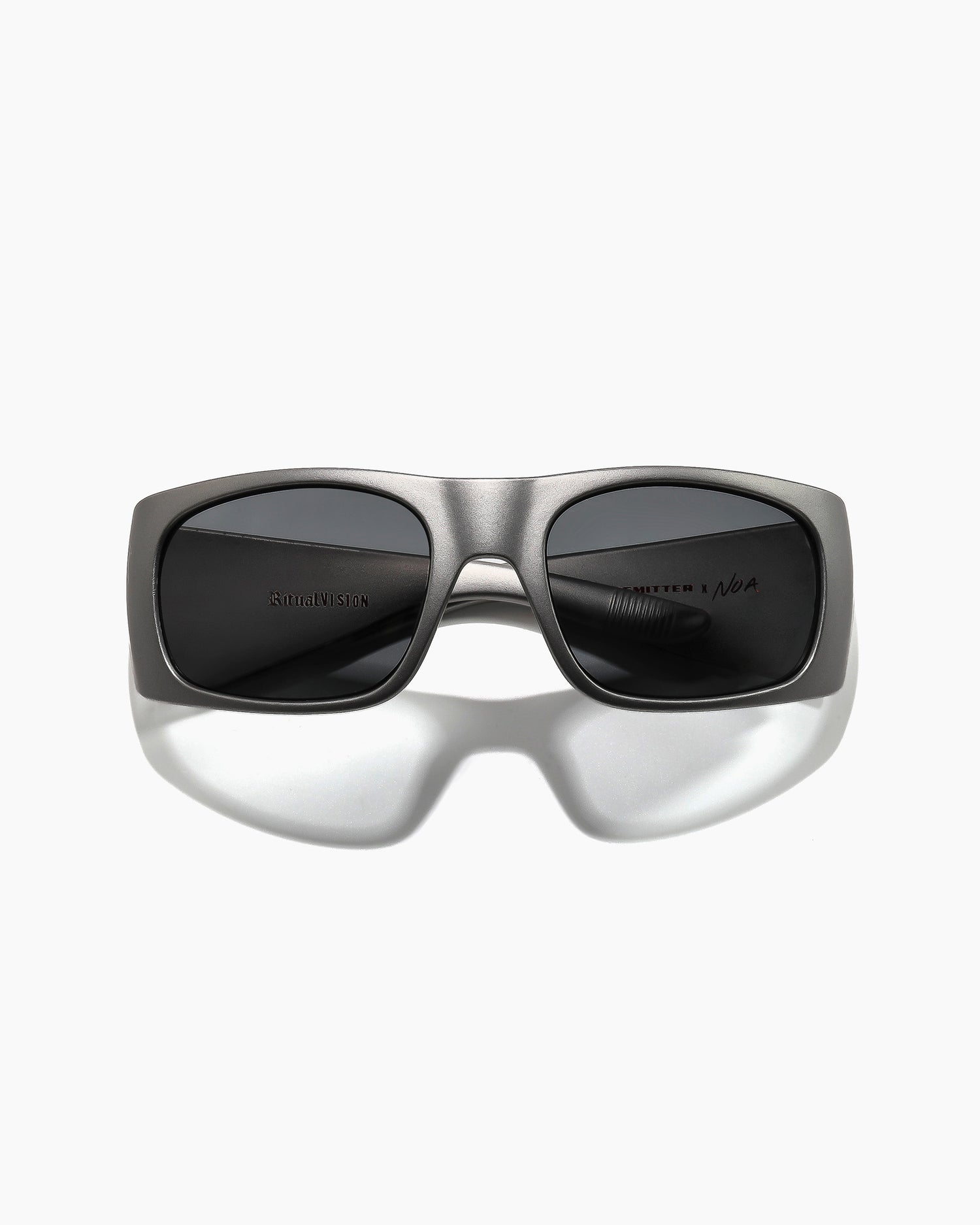 Front view of Transmitter sunglasses by Noa Deane in matte gunmetal with dark grey polarized lenses