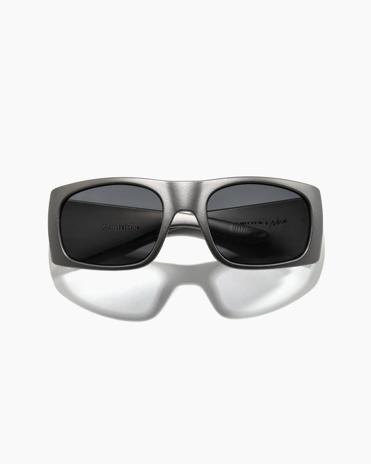 Front view of Transmitter sunglasses by Noa Deane in matte gunmetal with dark grey polarized lenses