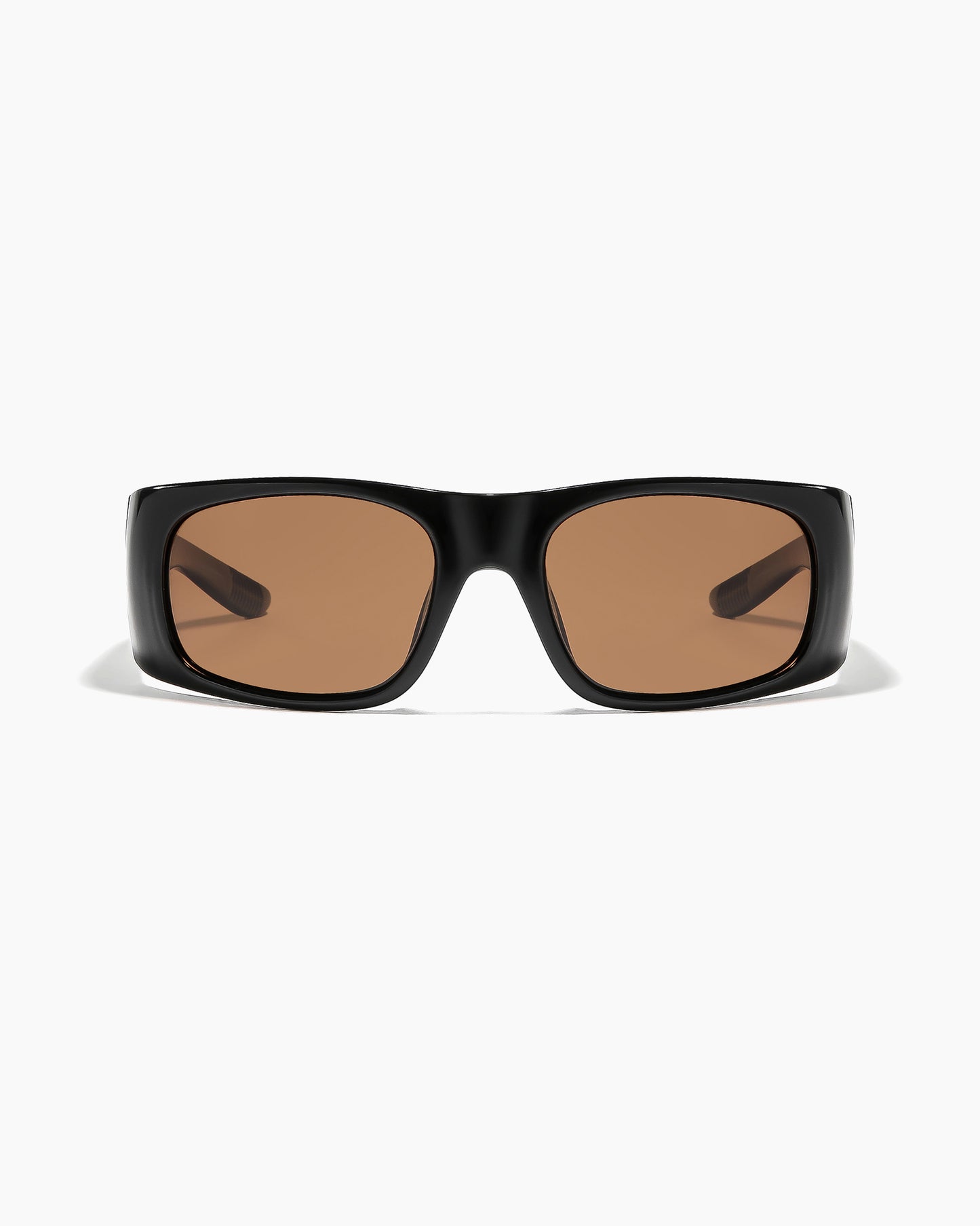 Transmitter sunglasses by Noa Deane in polished black frame with bronze polarized lenses.