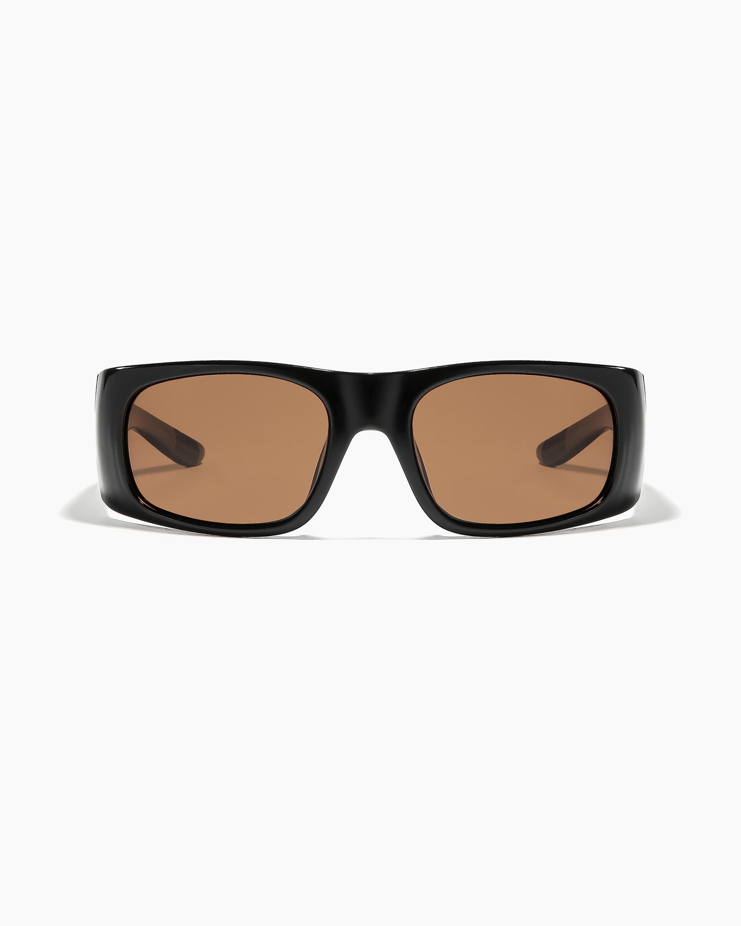 Transmitter sunglasses by Noa Deane in polished black frame with bronze polarized lenses.