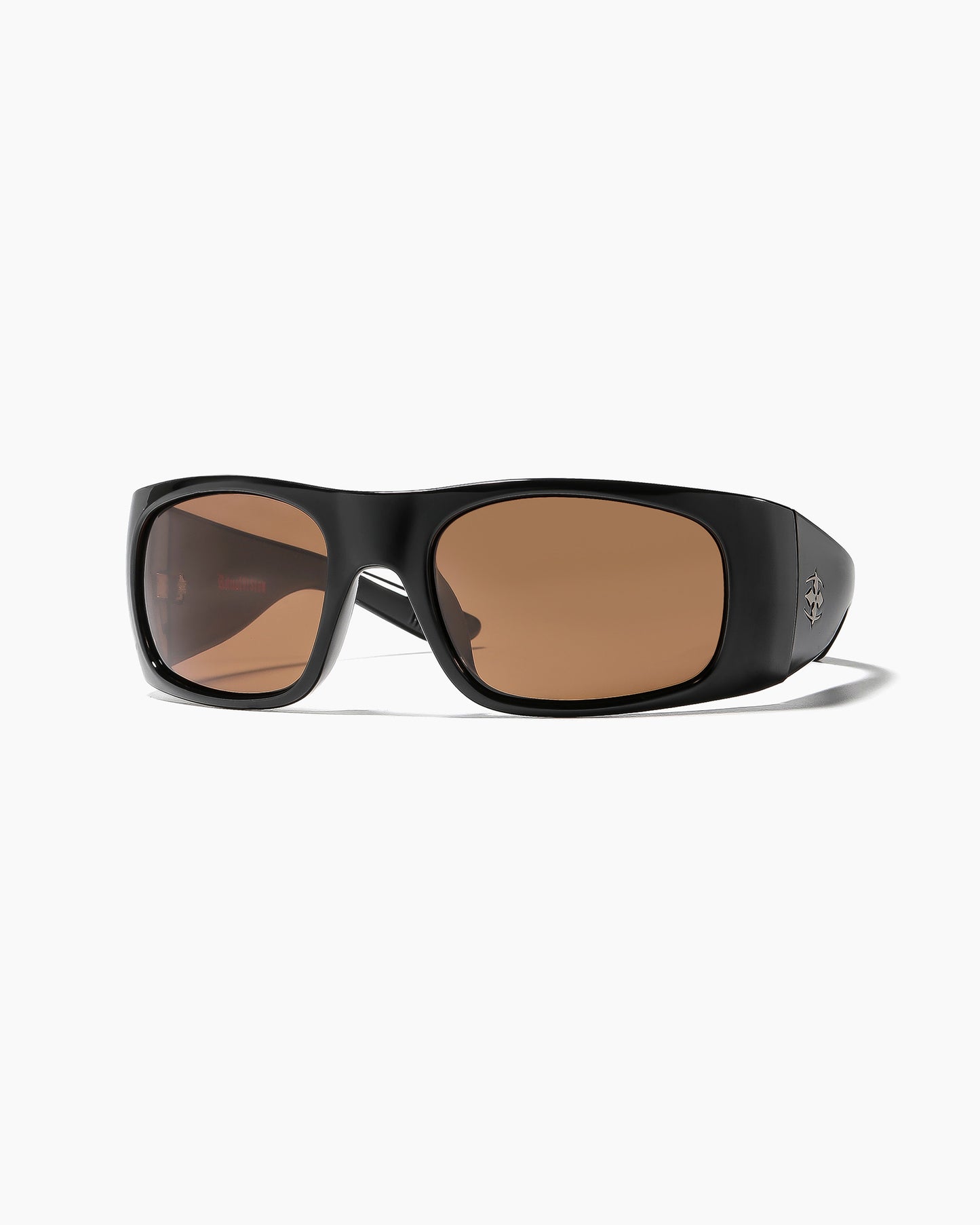 Transmitter sunglasses polished black frame with bronze polarized lenses showing a logo on the temple.