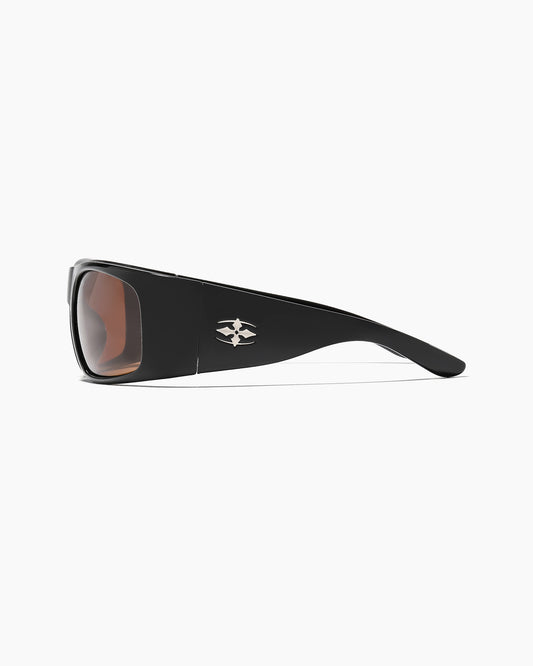 Transmitter by Noa Deane polished black frame with bronze polarized lenses temple emblem detail